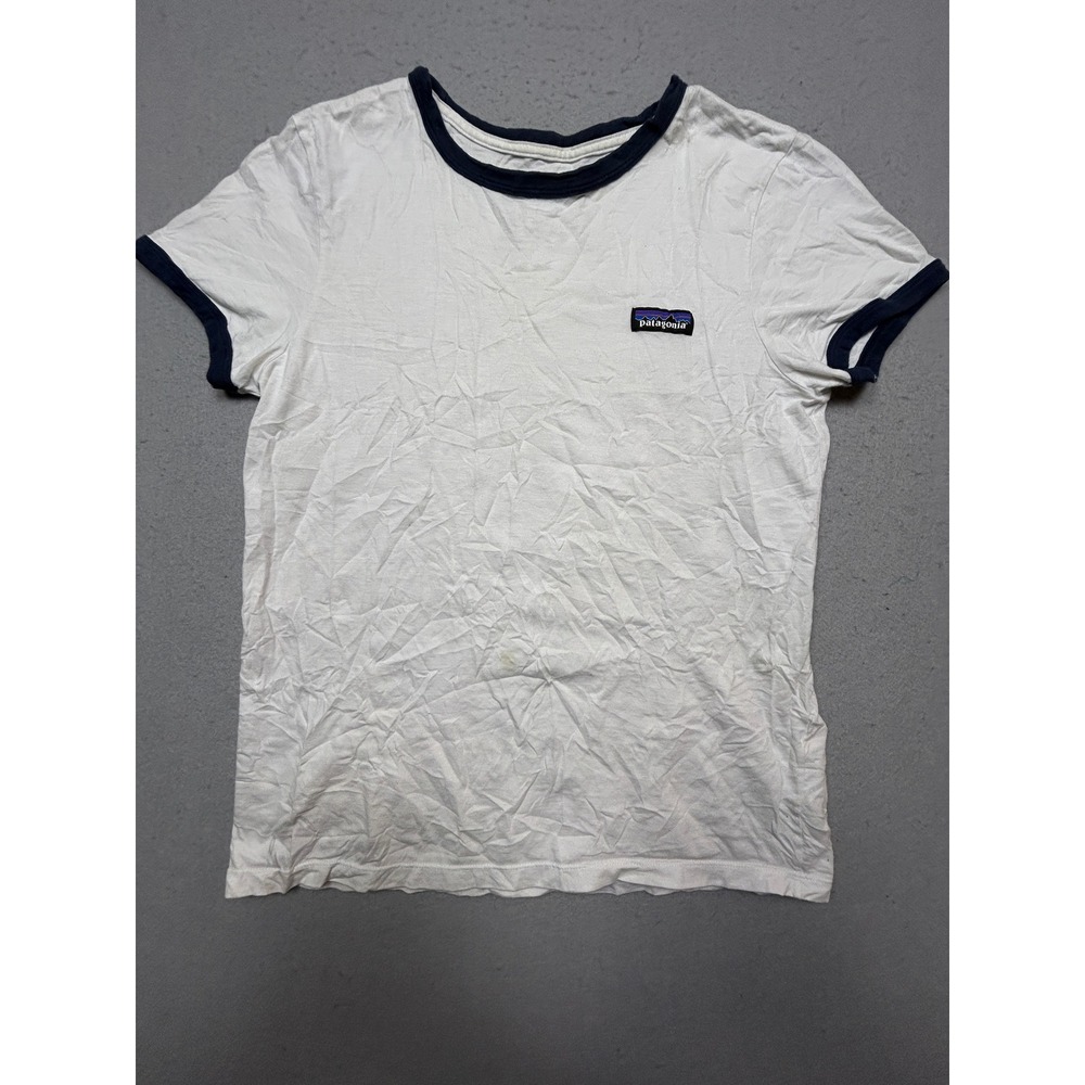 Patagonia Ringer T-Shirt Organic Cotton White Navy Blue Small Womens
